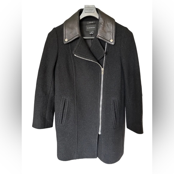 Club Monaco Reeta Women’s Wool & Italian Leather Long Moto Biker Coat Size Small - Picture 2 of 5